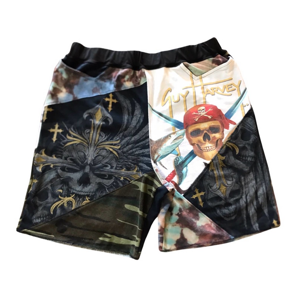 1 of 1 reworked shorts, elastic waistband 32”-38” skulls, reworked shorts
